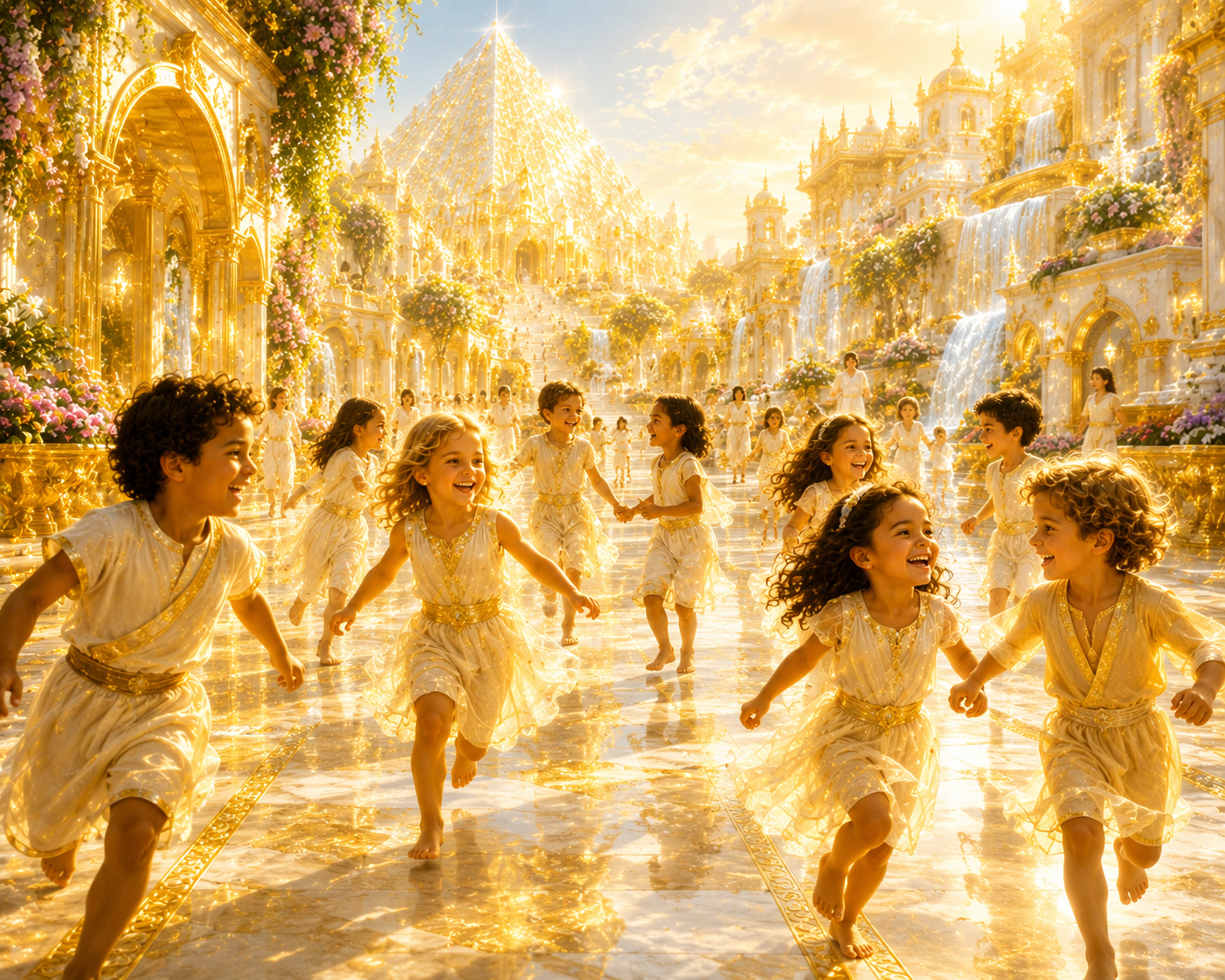 Children joyfully playing in the streets of a peaceful city