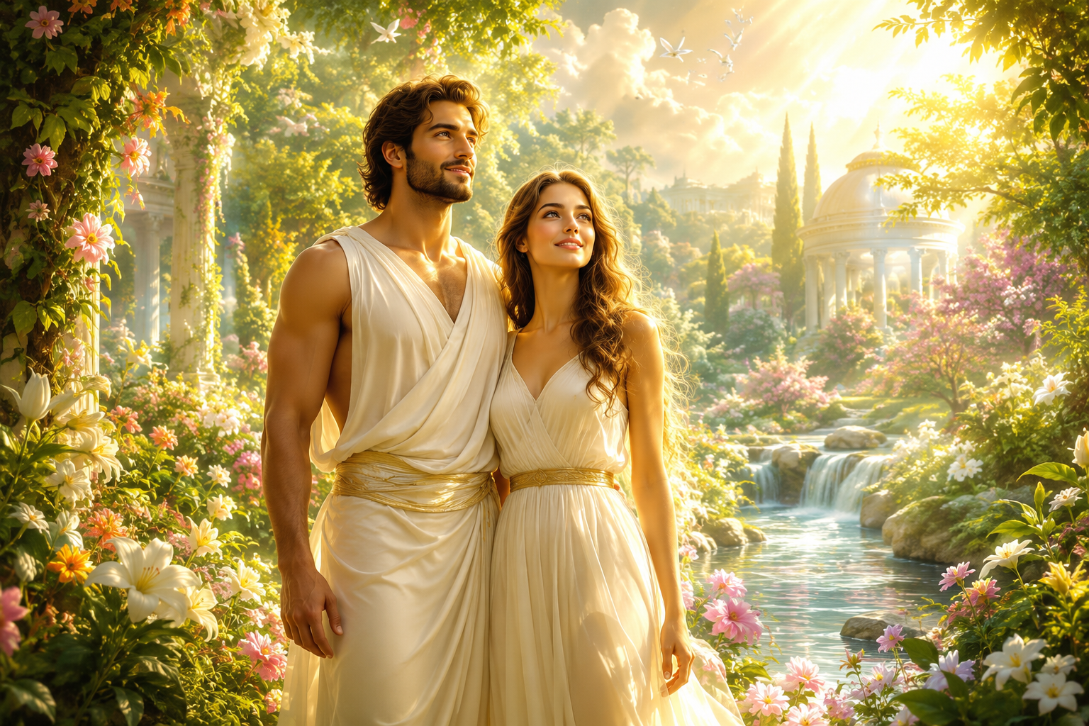 A man and woman standing in a radiant garden