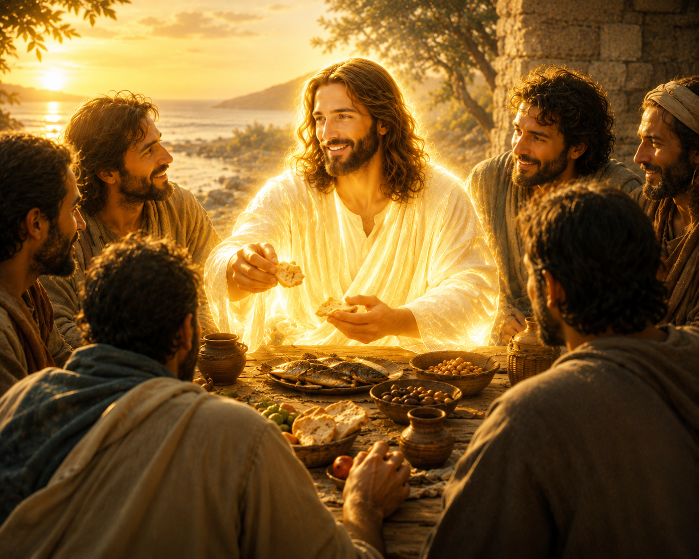 The resurrected Yeshua sharing food with His disciples