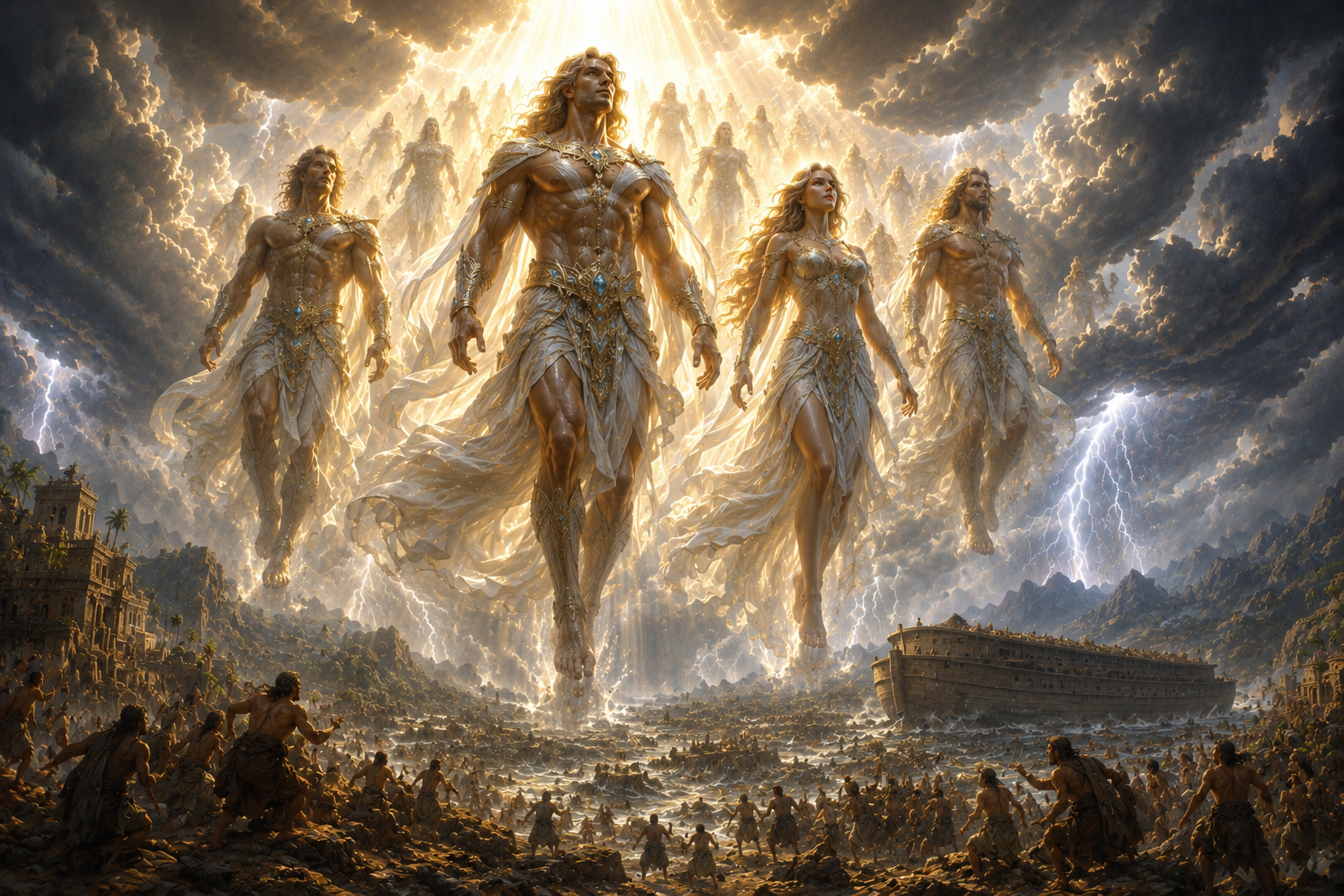 Mysterious heavenly beings descending toward the ancient world