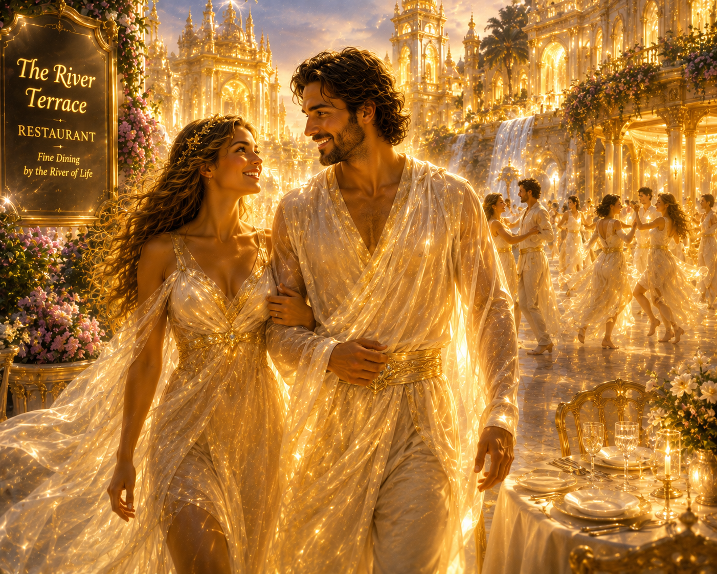 A husband and wife walking together beneath golden trees