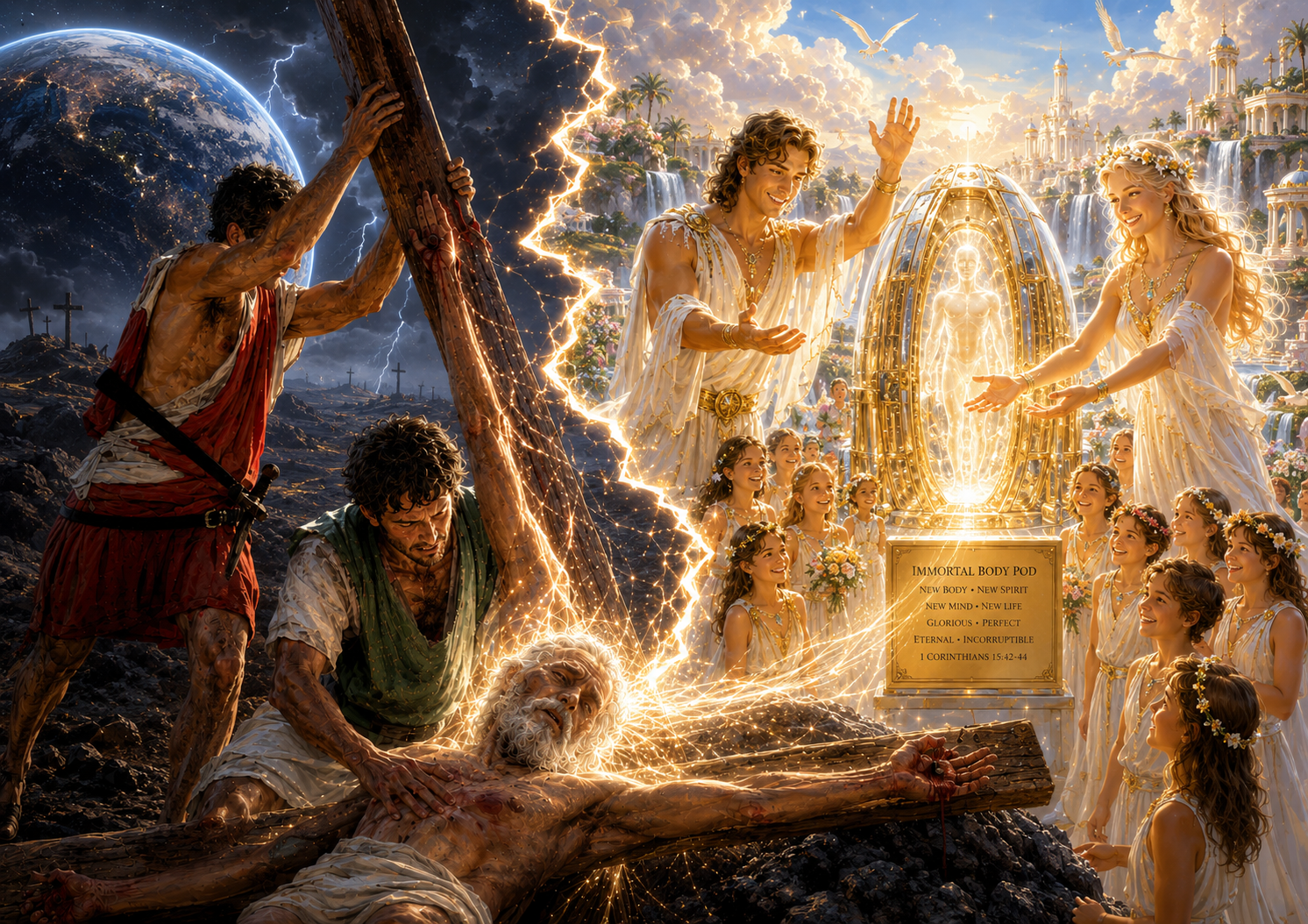 A radiant resurrected person standing in golden light